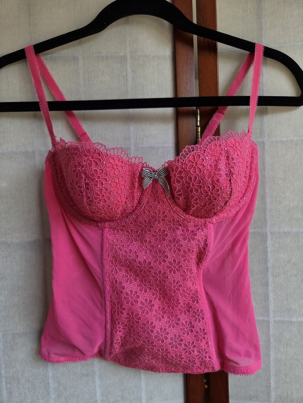 VS Hot Pink Floral Lace Mesh Corset Top Small Romantic Coquette Lingerie Y2k